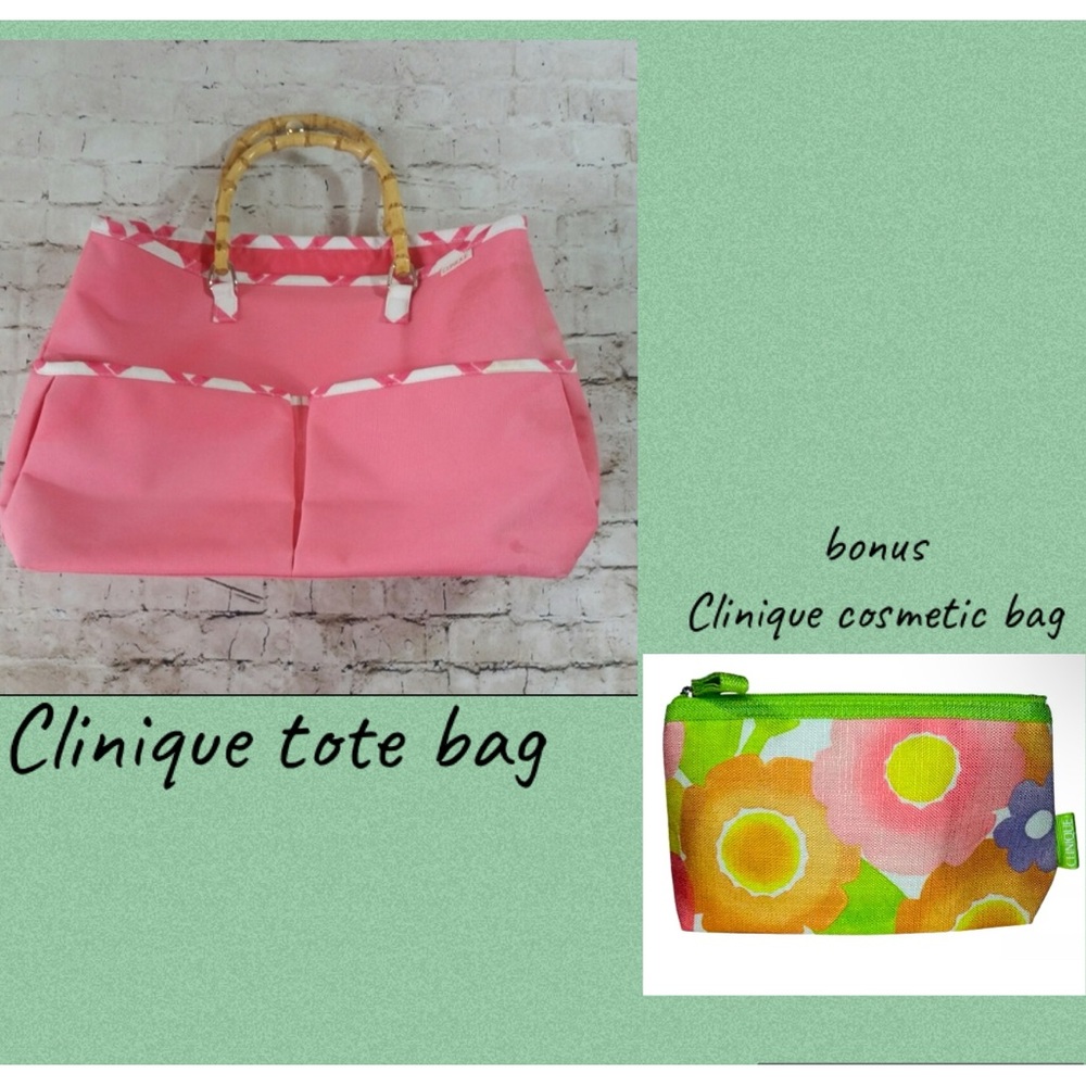 👛 Clinique pink tote bag w wood bamboo style handles spring summer + Bonus bag